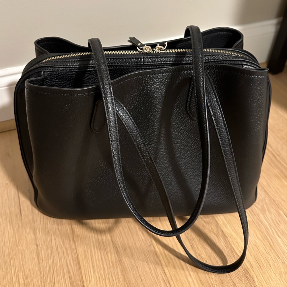 Quince Italian Leather Triple Compartment Work Tote - Black